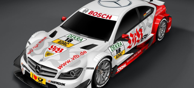 DTM Mercedes AMG: Kick it like VFB Stuttgart : Trikot-Tausch: Pascal Wehrlein fährt DTM Mercedes AMG C-Coupé im Design des VfB Stuttgart