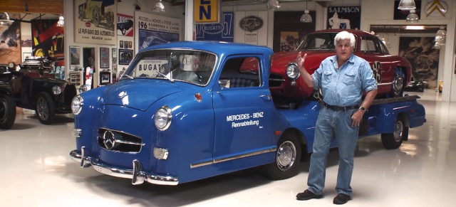 "Das blaue Wunder" von Mercedes: Jay Leno darf es erfahren (Video): Der autoverrückte TV-Star besitzt ein Replikat des legendären Renntransporters